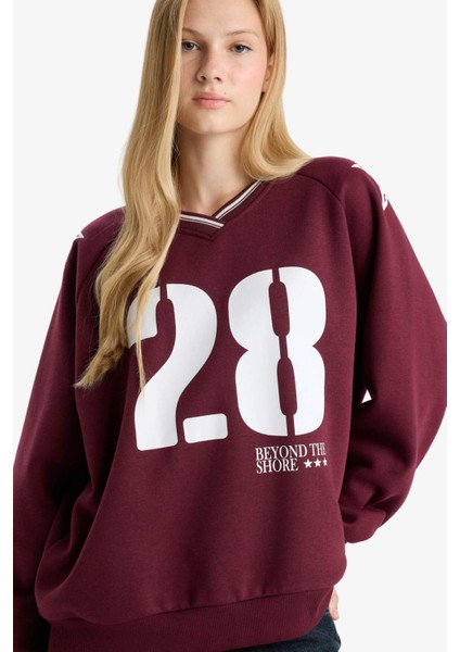 Coool Oversize Geniş Kalıp V Yaka Baskılı Kalın Sweatshirt E8793AX25WN