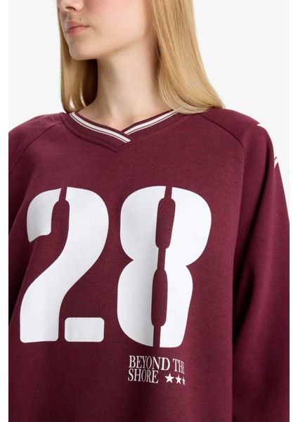 Coool Oversize Geniş Kalıp V Yaka Baskılı Kalın Sweatshirt E8793AX25WN indirimleri