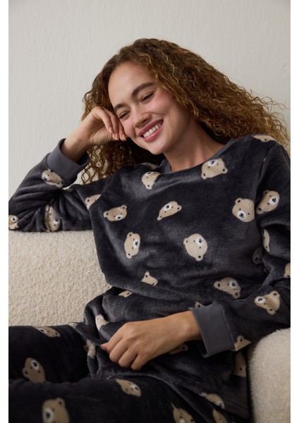 Koyu Gri Ayı Desenli Uzun Kollu Pijama Takımı