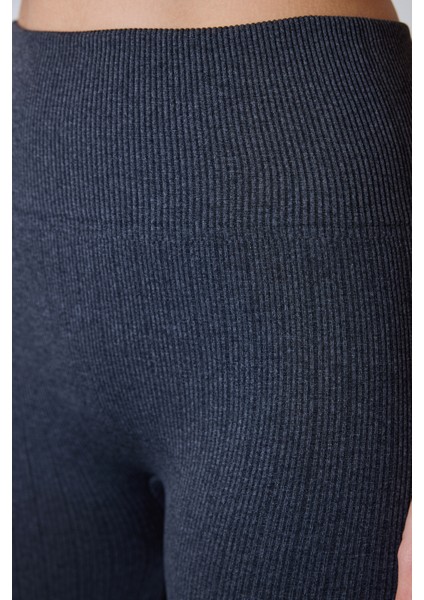 Koyu Gri Dikişsiz (Seamless) Fitilli Sıcak Tutan Yüksek Bel Tayt fırsatları