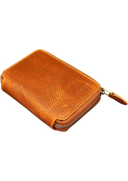 Crazy Taba Hakiki Deri Fermuarlı Mini Boy Unisex Spor Cüzdan - 3035-TABA