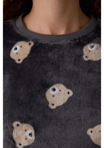 Koyu Gri Ayı Desenli Uzun Kollu Pijama Takımı fırsatları
