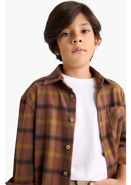 Erkek Çocuk Oversize Geniş Kalıp Polo Yaka Kareli Flanel Uzun Kollu Gömlek G3464A825WN fırsatları