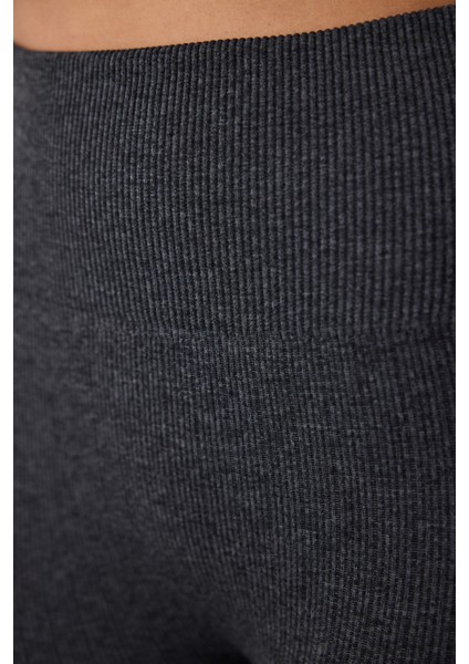 Koyu Gri Dikişsiz (Seamless) Fitilli Sıcak Tutan Yüksek Bel Tayt indirimleri