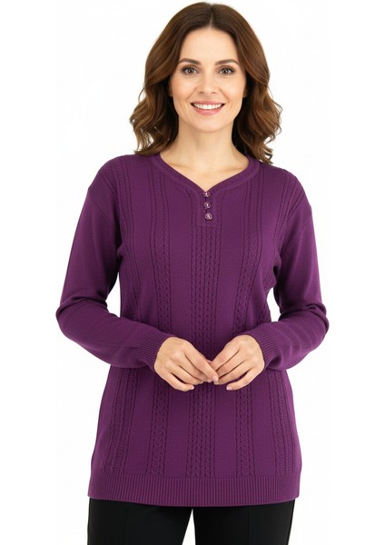 Kadın Kışlık Kendinden Motifli Armut Yaka Üç Düğmeli Normal Kesim Likralı Pamuklu Kardelen Dokuma Anne Kazak fiyatları