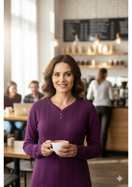 Kadın Kışlık Kendinden Motifli Armut Yaka Üç Düğmeli Normal Kesim Likralı Pamuklu Kardelen Dokuma Anne Kazak fırsatları