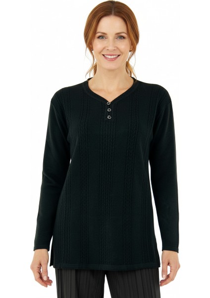 Kadın Kışlık Kendinden Motifli Armut Yaka Üç Düğmeli Normal Kesim Likralı Pamuklu Kardelen Dokuma Anne Kazak