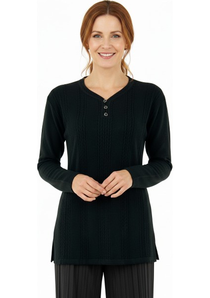 Kadın Kışlık Kendinden Motifli Armut Yaka Üç Düğmeli Normal Kesim Likralı Pamuklu Kardelen Dokuma Anne Kazak fiyatları