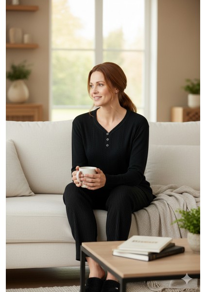 Kadın Kışlık Kendinden Motifli Armut Yaka Üç Düğmeli Normal Kesim Likralı Pamuklu Kardelen Dokuma Anne Kazak indirimleri