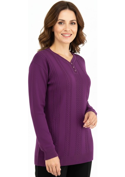 Kadın Kışlık Kendinden Motifli Armut Yaka Üç Düğmeli Normal Kesim Likralı Pamuklu Kardelen Dokuma Anne Kazak indirimleri