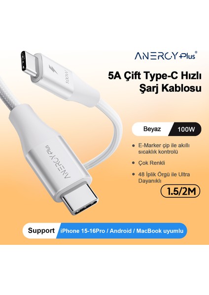 100W Type-C’den Type-C’ye Şarj Kablosu 2 Metre,veri ve Pd Kablosu,ultra Hızlı Şarj, Android Uyumlu,Beyaz 2 Metre CTC100