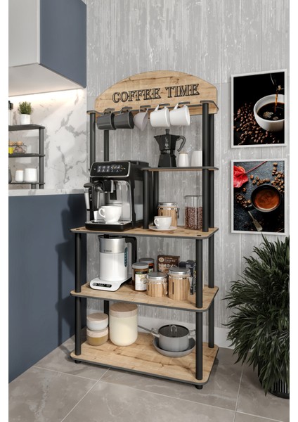Dekoratif Masivo Kahve Köşesi Coffee Time 33 CM x 68 cm Dikdörtgen Çok Amaçlı Raf Safir Meşe