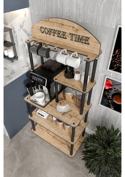 Dekoratif Masivo Kahve Köşesi Coffee Time 33 CM x 68 cm Dikdörtgen Çok Amaçlı Raf Safir Meşe modelleri