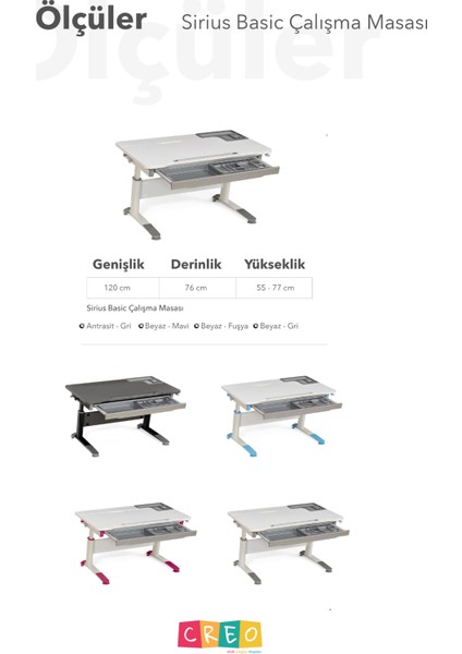 Sirius Basic Kompakt Öğrenci Masası Unisex Çekmeceli Yükseklik Ayarlı Çalışma Masası - 120x75 Cm, Ekru/Gri