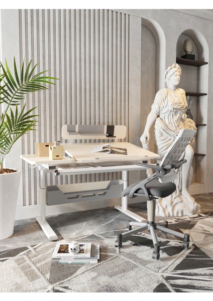 Ofis Tipi Fonksiyonel Çalışma Masası + Sandalye - Ekru/Gri - Vega Advanced
