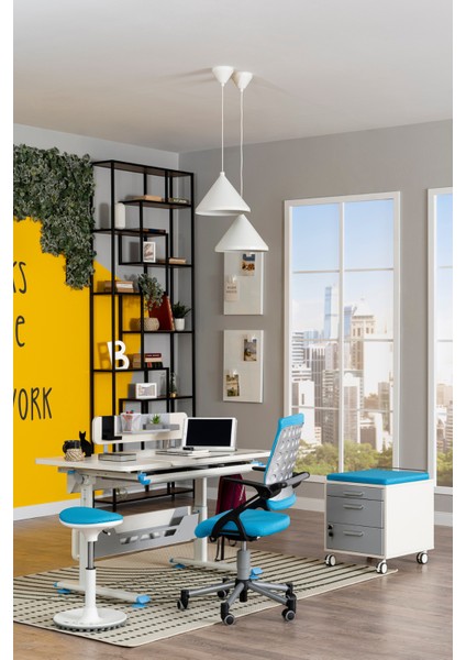 Liseli Ders Çalışma Masası Yükselik Ayarlı Masa + Sandalye - Ekru/Mavi - Vega Advanced