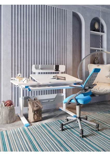 Montessori Uyumlu Çalışma Masası + Sandalye - Beyaz/Mavi - Vega Advanced