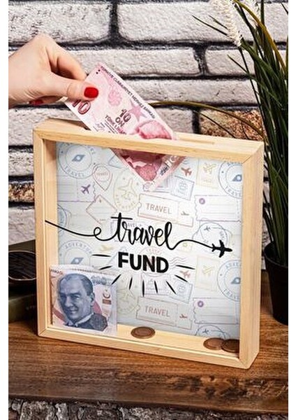 Seyahat Fonu Tasarımlı Ahşap Kumbara Kutusu