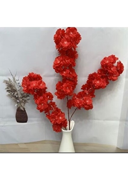 Yapay Japon Kiraz Çiçeği Dalı Kırmızı 90 cm Uzun Süreli Dekoratif Vazo Çiçeği