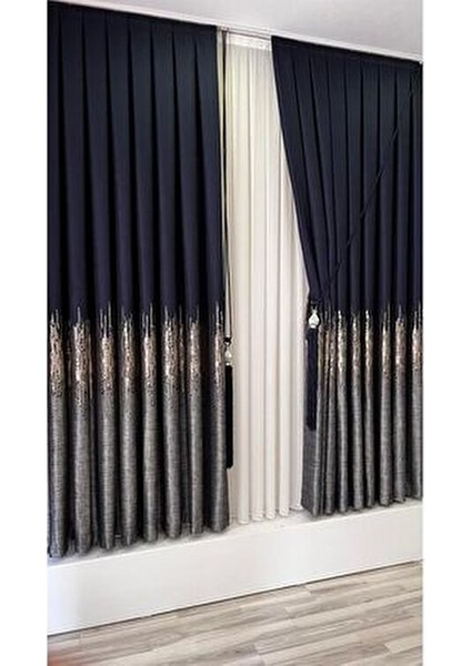 Lacivert Gri Desenli Tafta Fon Perde 260 cm Tek Kanat 1/3 Sık Pile indirimleri