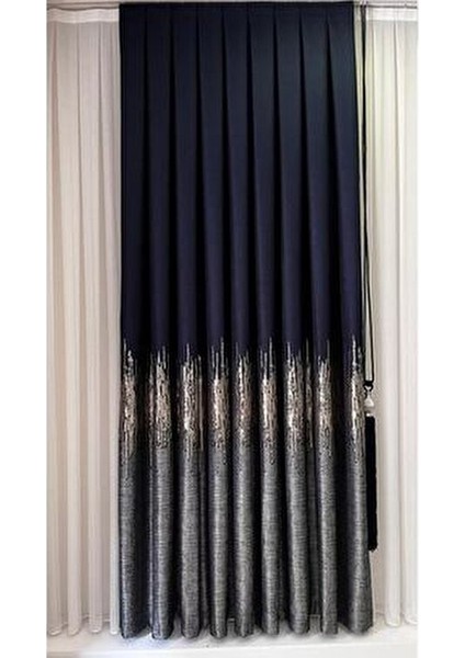 Lacivert Gri Desenli Tafta Fon Perde 260 cm Tek Kanat Özellikli