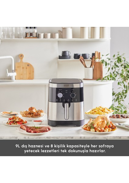9 Litre Ekstra Büyük Hacimli Airfryer, 8 Kişilik Kapasite – Aile ve Kalabalık Sofralar İçin İdeal