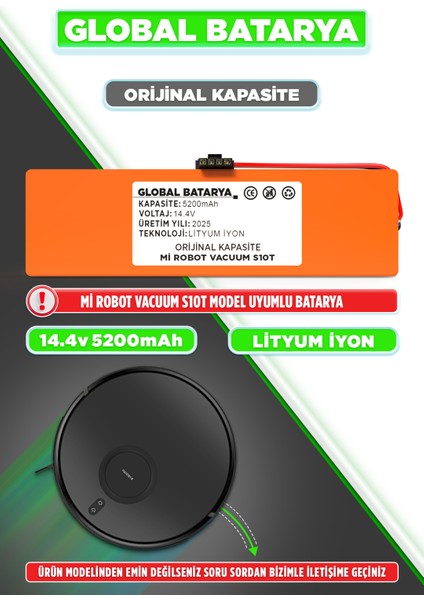 Xiaomi Mi Robot Vacuum S10T Uyumlu Akıllı Süpürge Bataryası 14.4V 5200MAH Pil (Orijinal Kapasite)