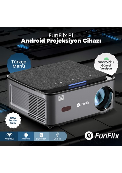 P1 Android 4K Destekli LED Full Hd Projeksiyon Cihazı, Bluetooth, 150W Lamba, 300 Inç Görüntü