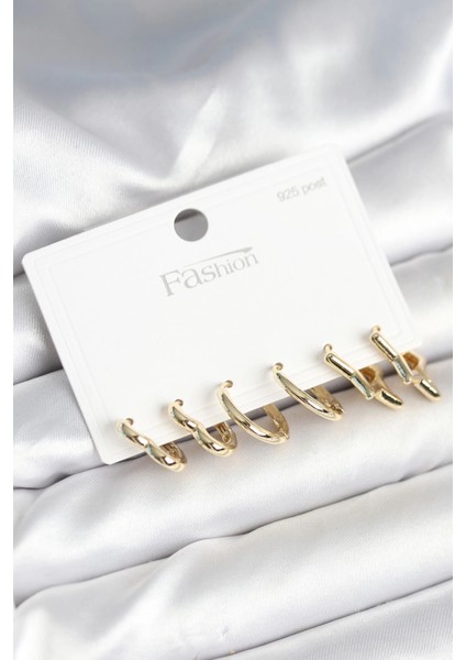 Pirinç Gold Renk Kalp Yıldız ve Halka Model 925 Ayar Gümüş Çivili Kadın Küpe Seti