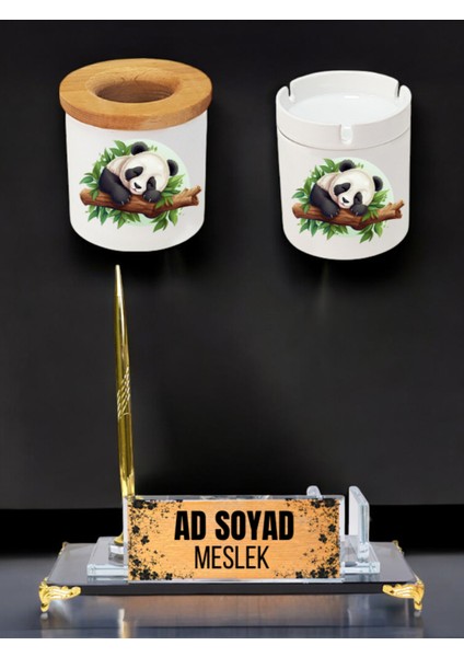 Panda Baskılı Masa Üstü Isimlik, Masa Isimliği - Ofis Masa Isimlik, Küllük Kalemlik Seti