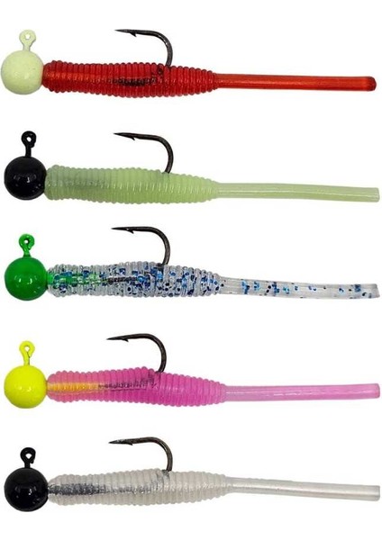 Hook Worm Jighead+Lrf Silikonu 1gr+4.5cm 5 Adet Head Green+Blue Glitter