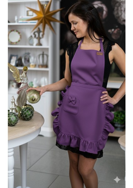 Keten Fırfırlı Bohem Mutfak Önlüğü Mor