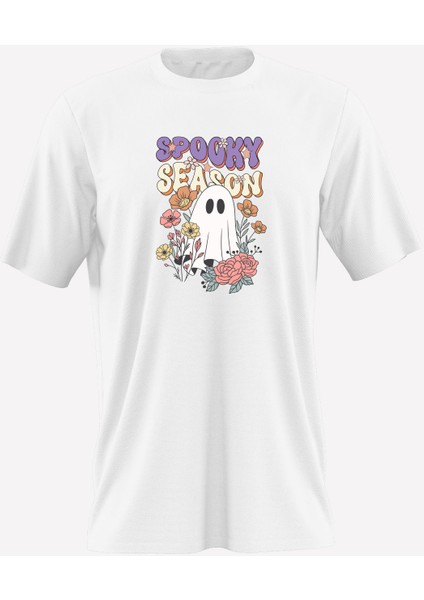 Spooky Season Baskılı Cadılar Bayramı (Halloween) Temalı Beyaz Çocuk Tişörtü – %100 Pamuk