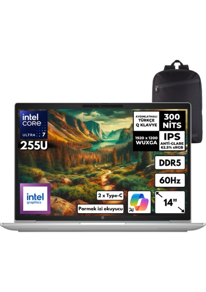 Probook 4 G1I Ultra 7-255U 32-Gbddr5 4 Tbssd Intel Graphics 14" Wuxga Windows 10 Pro + Hmf Sırt Çantası C9FH1ETHMF86