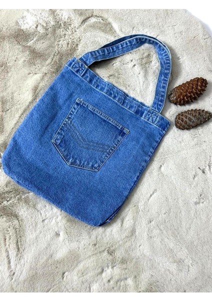 Kadın Denim Cepli El ve Omuz Çantası Koyu Mavi