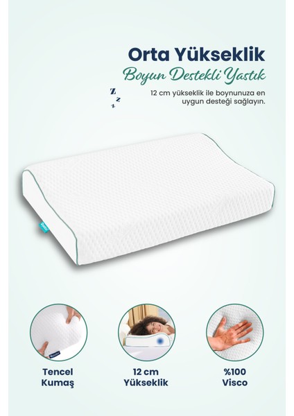 Orta Yüksek Boyun Destekli Ortopedik Visco Yastık 60X40X12-8CM