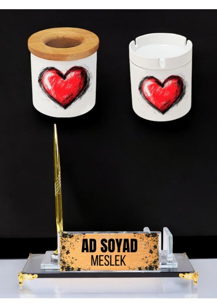 Kalp Baskılı Masa Üstü Isimlik, Masa Isimliği - Ofis Masa Isimlik, Küllük Kalemlik Seti