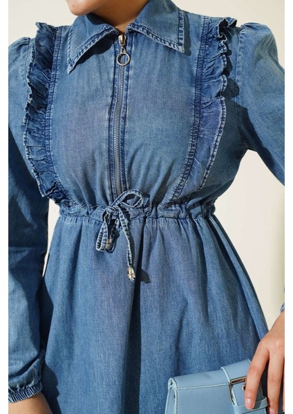 Fırfırlı Fermuarlı Balon Kol Kot Elbise Mavi