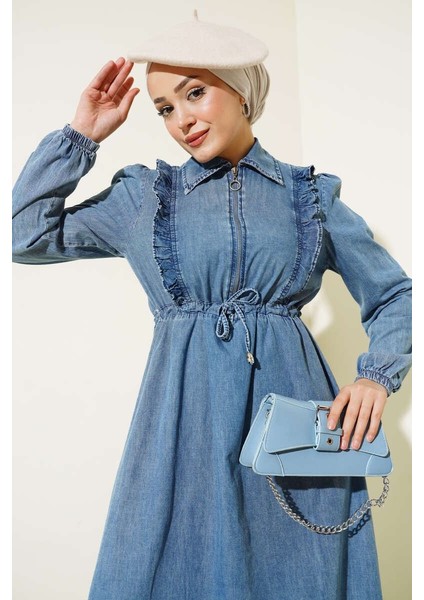 Fırfırlı Fermuarlı Balon Kol Kot Elbise Mavi fiyatları