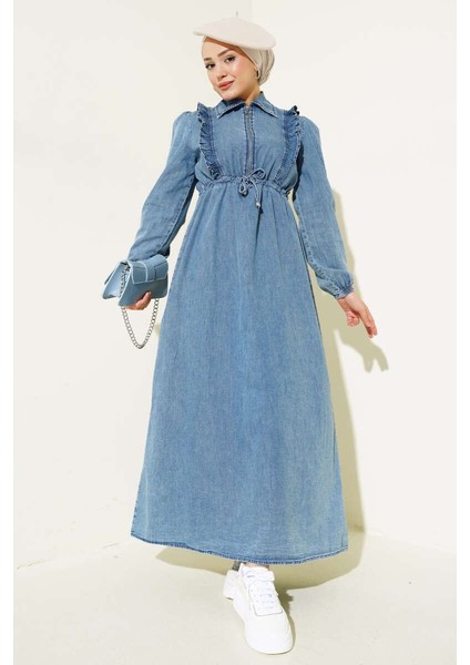 Fırfırlı Fermuarlı Balon Kol Kot Elbise Mavi modelleri