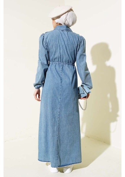 Fırfırlı Fermuarlı Balon Kol Kot Elbise Mavi fırsatları