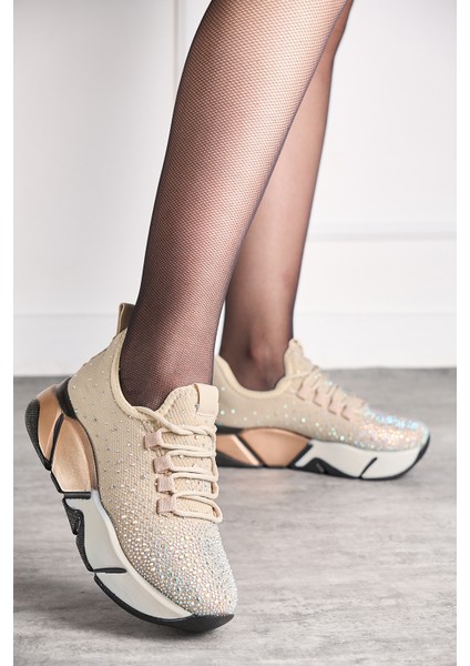 Günlük Kadın Spor Ayakkabı Taşlı Bağcıklı Hafif Kalın Yüksek Renkli Taban Yürüyüş Sneaker 403