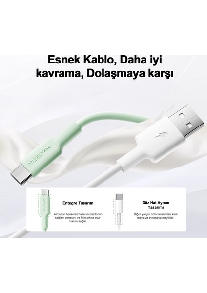 ATC18 Şarj Kablosu 18W 1 Metre Usb’den Type-C’ye, Veri Aktarımı ve Şarj Kablosu, Tablet ve Telefon Android Usb-C, Esnek, Yeşil fiyatları