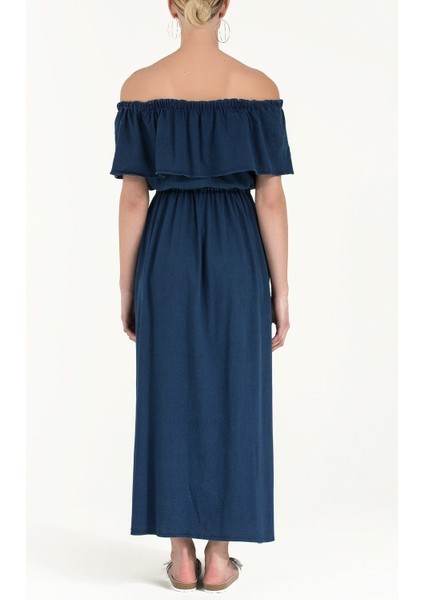 Lacivert Lastikli Koton Uzun Elbise 92178