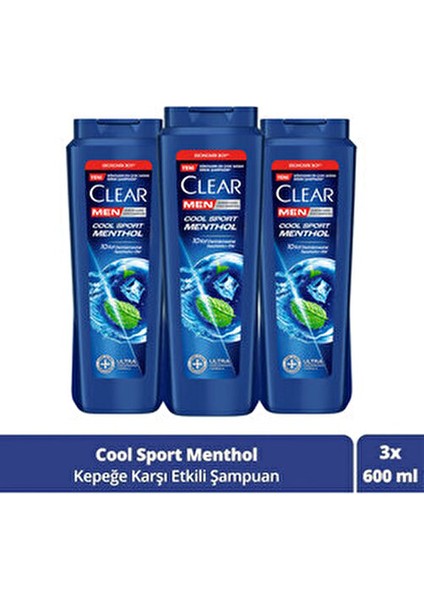Men Cool Sport Menthol Şampuan Kepek Karşıtı Etki 600 ml x 3 Adet Erkekler İçin modelleri