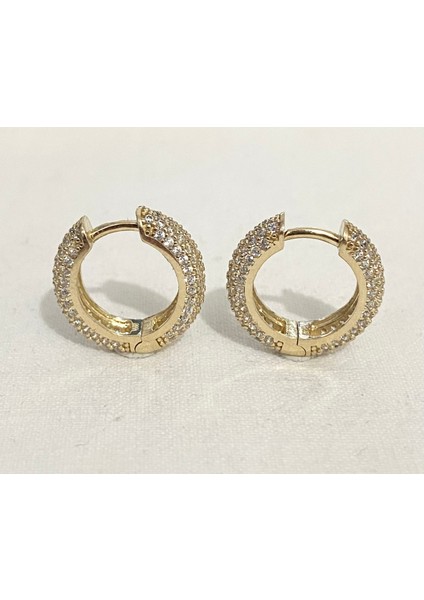 Çift Taraflı Taşlı Halka Altın Küpe