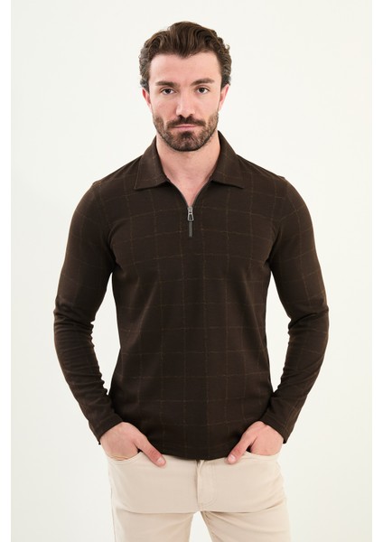 Kareli Slim Fit Polo Yaka Fermuarlı Uzun Kollu Erkek T-Shirt