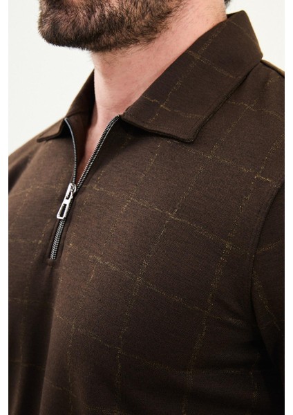 Kareli Slim Fit Polo Yaka Fermuarlı Uzun Kollu Erkek T-Shirt fiyatları