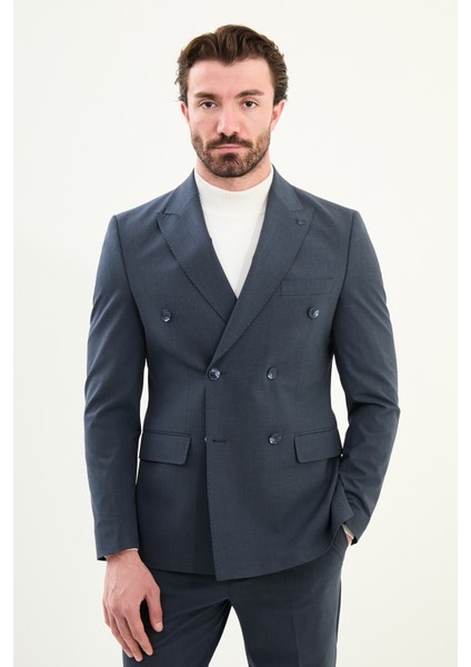 Düz Slim Fit Geniş Yaka Kruvaze Erkek Takım Elbise