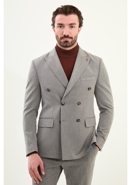 Düz Slim Fit Geniş Yaka Punto Dikiş Kruvaze Erkek Takım Elbise